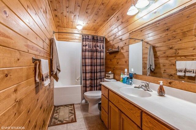 full bathroom featuring wood ceiling, shower / tub combo, vanity, toilet, and wood walls