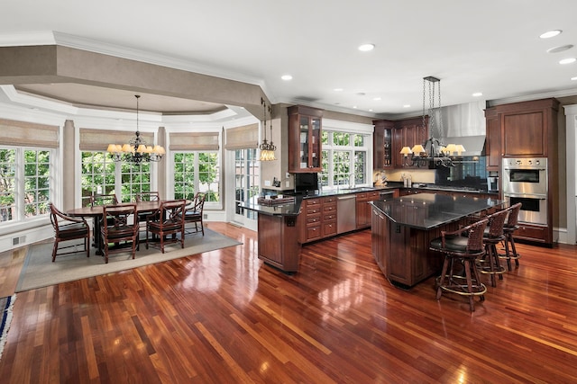 kitchen featuring appliances with stainless steel finishes, a center island, an inviting chandelier, dark hardwood / wood-style floors, and a tray ceiling