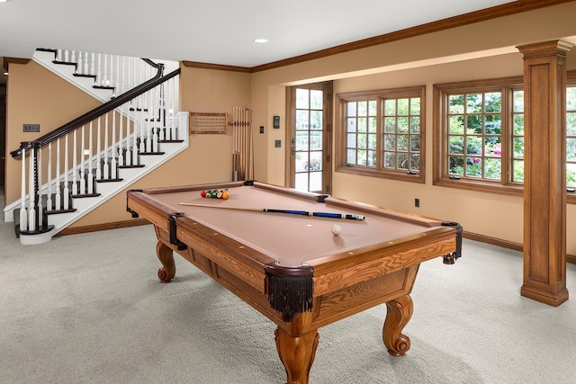 game room with light carpet, billiards, crown molding, and ornate columns