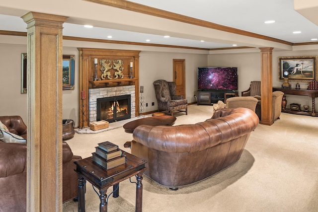 carpeted living room featuring crown molding and a stone fireplace