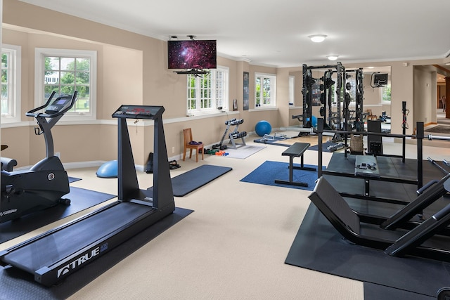 exercise room featuring crown molding and carpet flooring