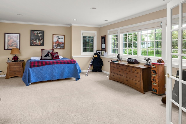 bedroom featuring light colored carpet and crown molding