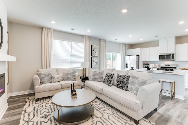 living room with a textured ceiling and light hardwood / wood-style floors