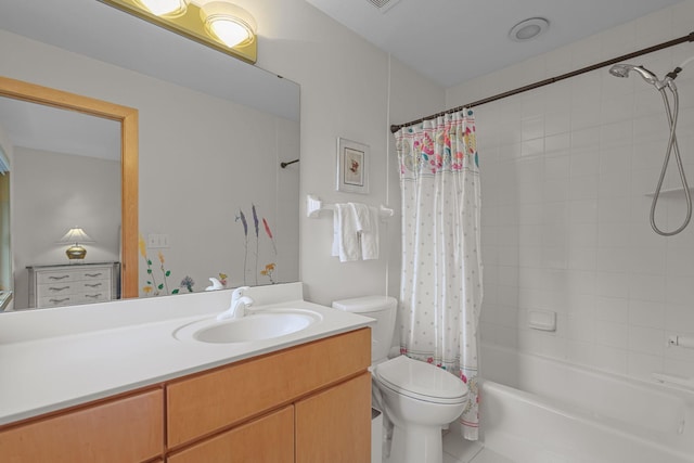 full bathroom featuring toilet, vanity, shower / tub combo, and tile patterned flooring