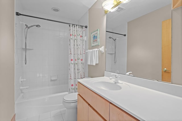 full bathroom with toilet, vanity, tile patterned flooring, and shower / bathtub combination with curtain