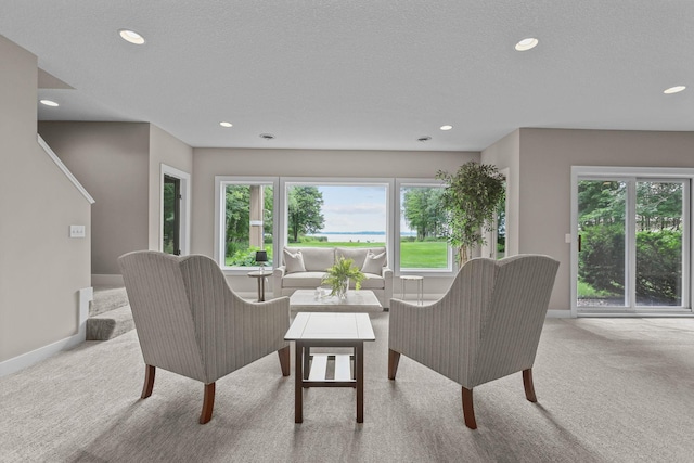 carpeted living room with a textured ceiling