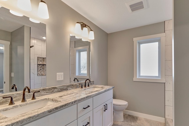 bathroom with a shower, vanity, and toilet