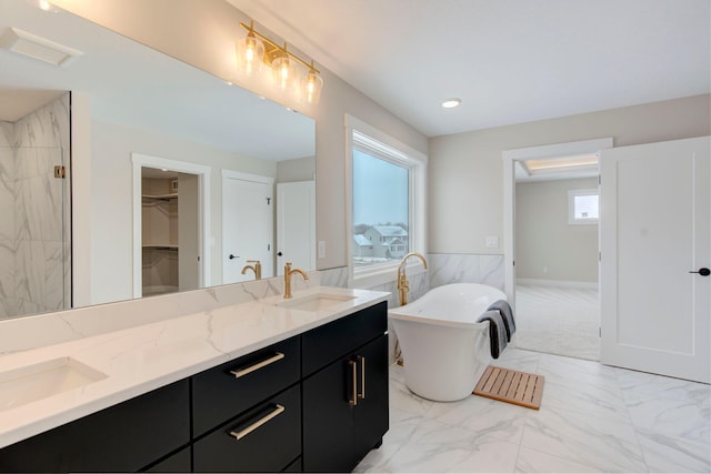 bathroom featuring a washtub and vanity