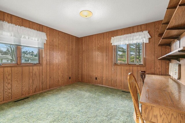 unfurnished office with carpet, wooden walls, and a textured ceiling