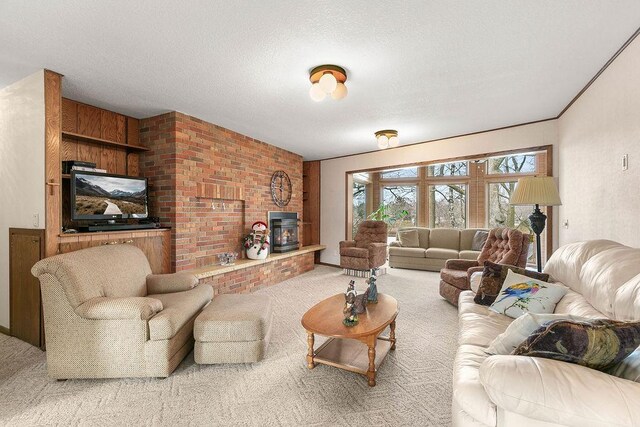 carpeted living room with brick wall