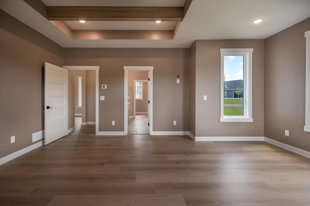 empty room with light hardwood / wood-style flooring and a tray ceiling