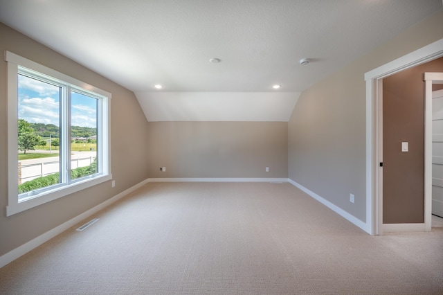 additional living space with lofted ceiling and light colored carpet