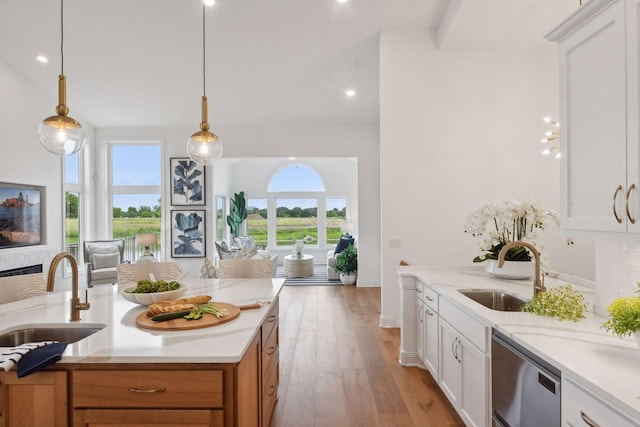 kitchen with dishwasher, white cabinetry, and sink