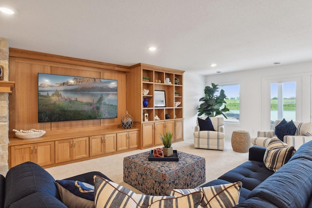 carpeted living room with a water view