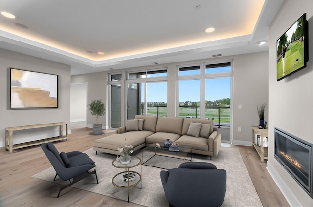 living room featuring a raised ceiling and light hardwood / wood-style flooring