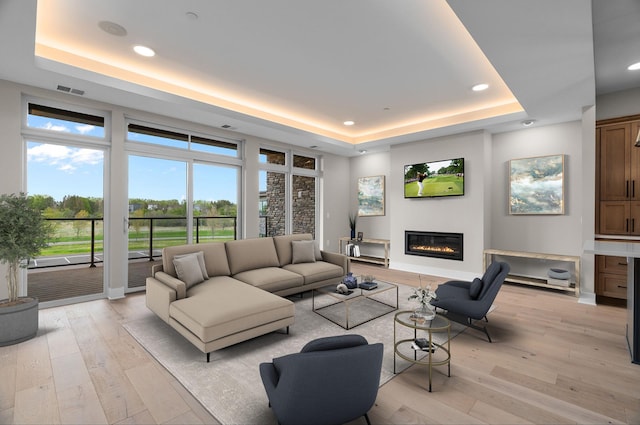 living room featuring a tray ceiling and light hardwood / wood-style flooring