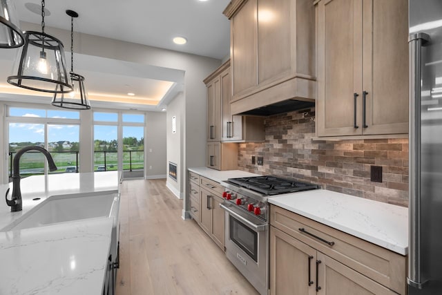 kitchen featuring sink, light stone counters, a tray ceiling, appliances with stainless steel finishes, and light wood-type flooring