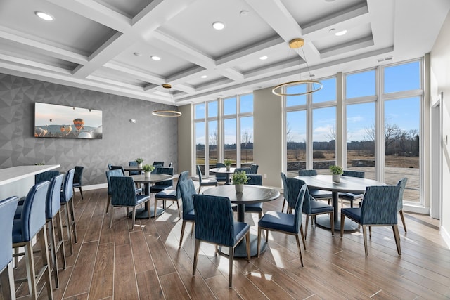 1 Hill Farm Rd Unit 205, North Oaks, MN 55127 - dining space featuring wallpapered walls, dark wood-style flooring, baseboards, recessed lighting, and coffered ceiling