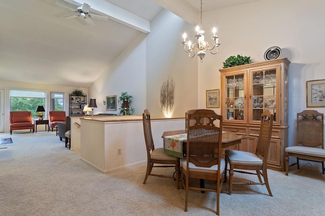 dining space featuring ceiling fan with notable chandelier, beam ceiling, light carpet, and high vaulted ceiling