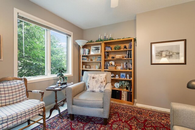 living area featuring a textured ceiling and carpet flooring