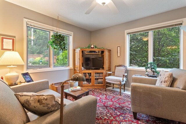 living room featuring ceiling fan, a textured ceiling, and a healthy amount of sunlight