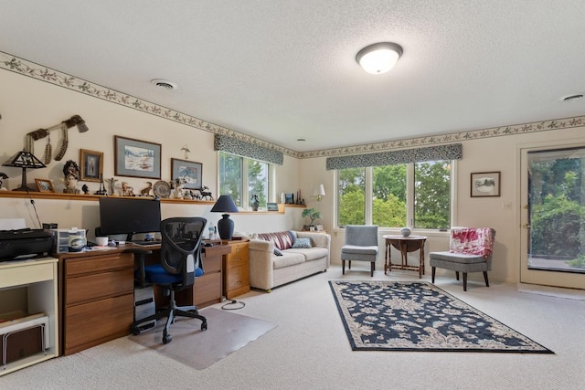 office with a textured ceiling and light colored carpet