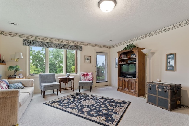 carpeted living room with a textured ceiling