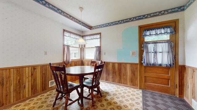 4200 Overlook Dr, Bloomington, MN 55437 - dining room featuring wainscoting, plenty of natural light, a textured ceiling, and wooden walls