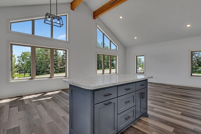 kitchen featuring dark hardwood / wood-style flooring, a healthy amount of sunlight, and high vaulted ceiling