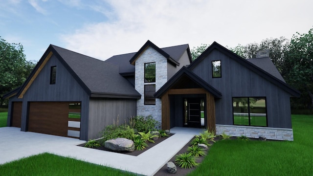 modern farmhouse with a front lawn and a garage