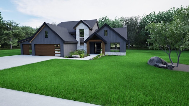 modern farmhouse with a garage and a front lawn