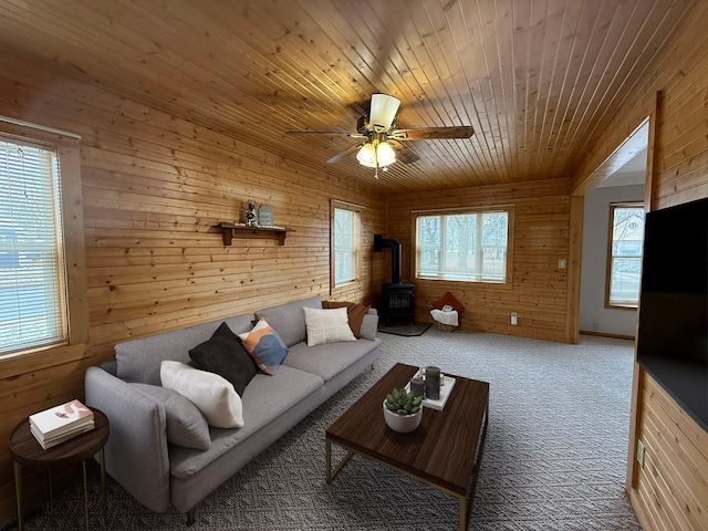 625 10th St, Montevideo, MN 56265 - living area featuring a ceiling fan, wooden walls, carpet floors, a wood stove, and wooden ceiling