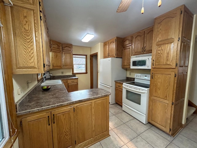 625 10th St, Montevideo, MN 56265 - kitchen featuring dark countertops, a sink, white appliances, light tile patterned floors, and a peninsula