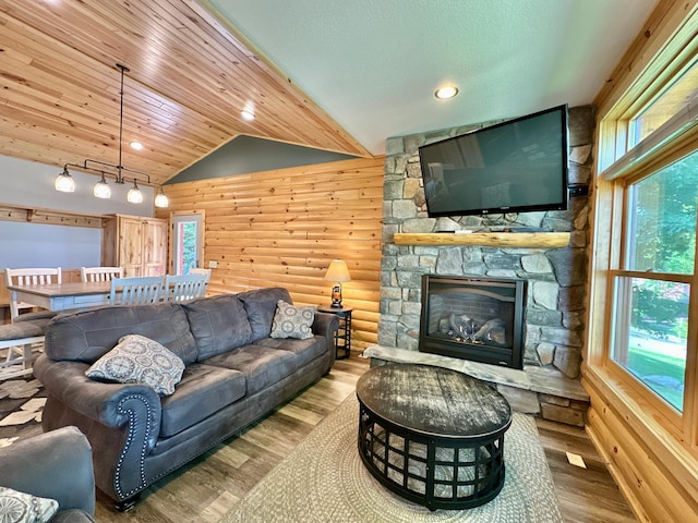 living room with wood-type flooring, a stone fireplace, and lofted ceiling