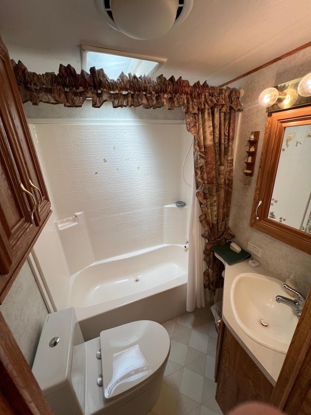 full bathroom featuring tile patterned floors, vanity, shower / bathtub combination with curtain, and toilet