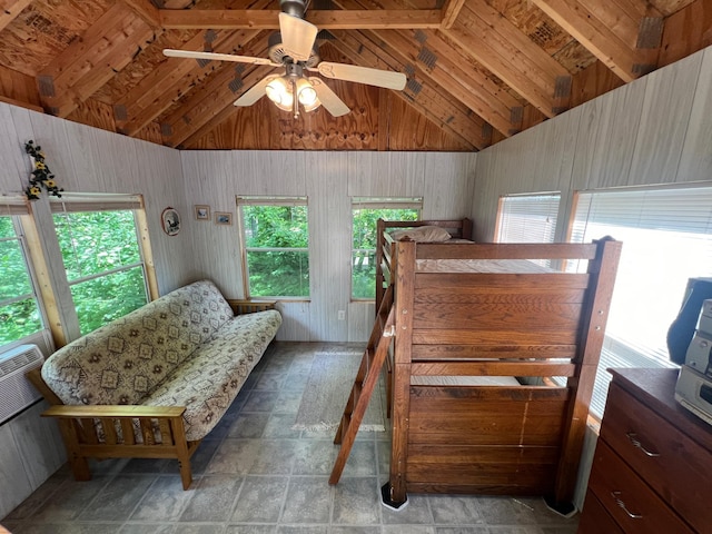 tiled bedroom with beamed ceiling, ceiling fan, high vaulted ceiling, and wood ceiling