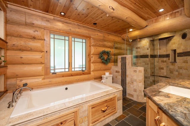 full bathroom featuring wood ceiling, vanity, beam ceiling, rustic walls, and separate shower and tub