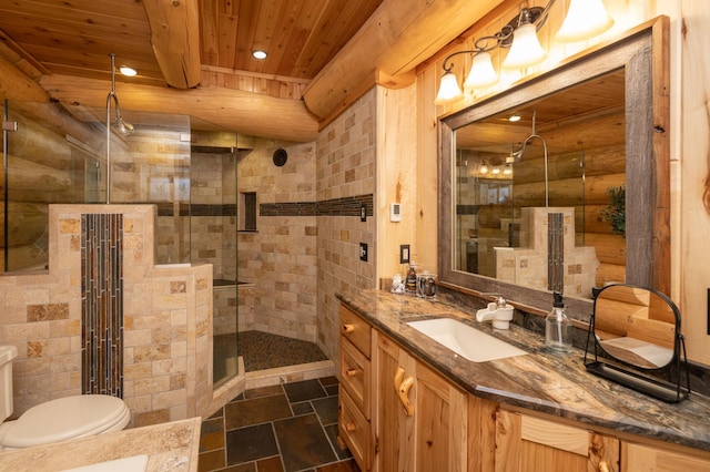 bathroom with wooden ceiling, toilet, walk in shower, vanity, and beam ceiling