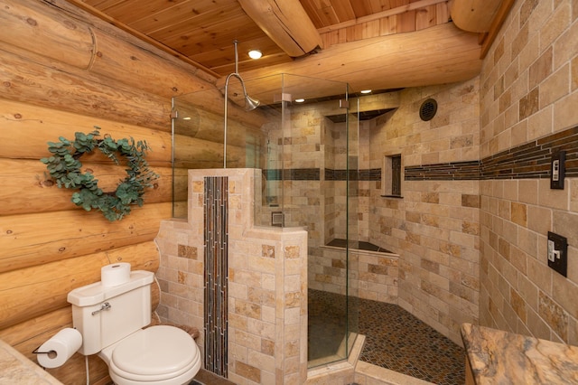 bathroom with wooden ceiling, toilet, rustic walls, beam ceiling, and an enclosed shower