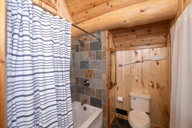 bathroom with wood ceiling, shower / tub combo, wood walls, toilet, and lofted ceiling