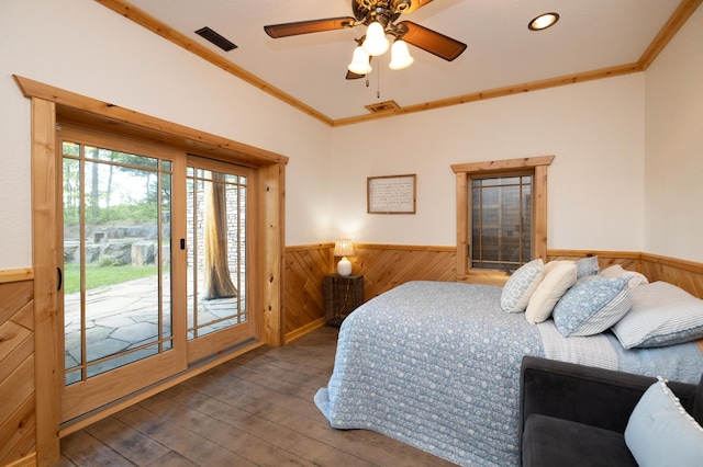 bedroom featuring ceiling fan, access to outside, crown molding, and dark wood-type flooring