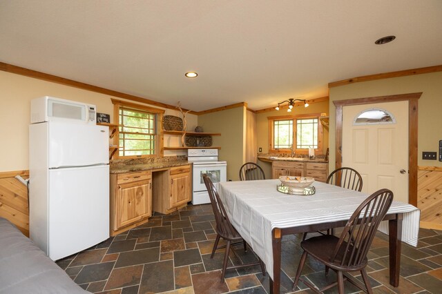 dining space featuring wood walls and crown molding