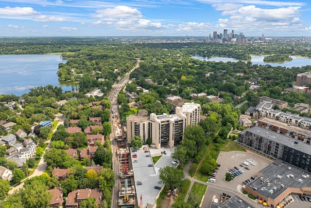 drone / aerial view featuring a water view