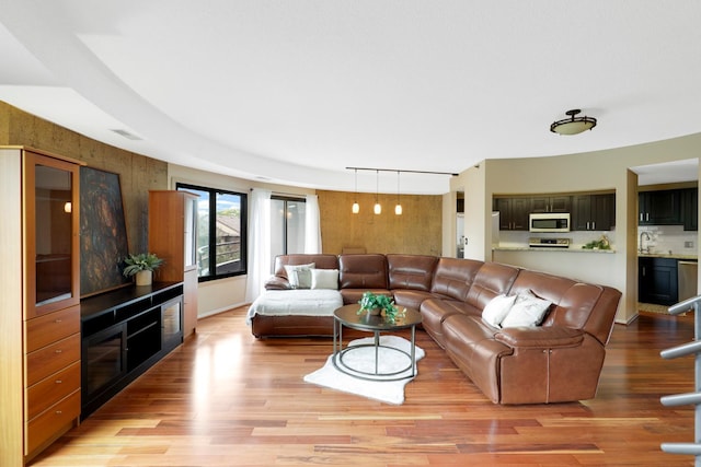 living room featuring sink, light hardwood / wood-style flooring, and rail lighting