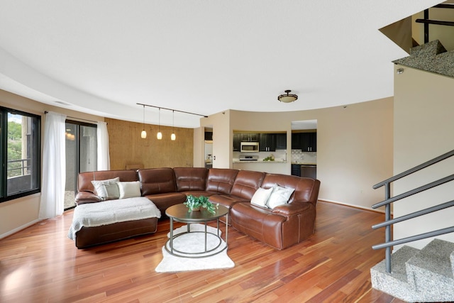 living room featuring rail lighting and hardwood / wood-style flooring