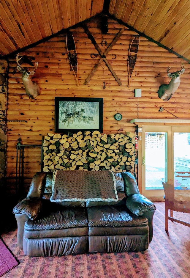 living room featuring beamed ceiling, wood ceiling, and high vaulted ceiling