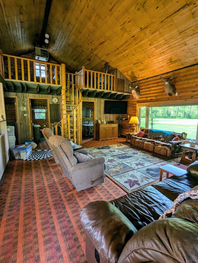 living room featuring high vaulted ceiling, wooden walls, and wooden ceiling