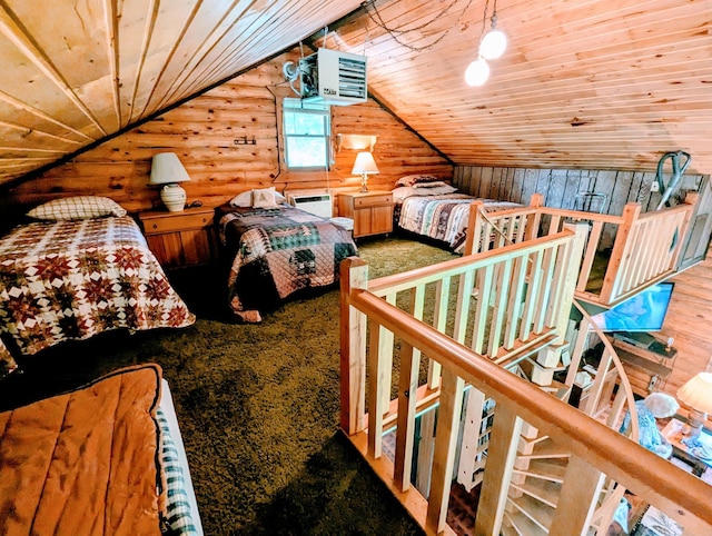 bedroom featuring wood ceiling, carpet, and lofted ceiling