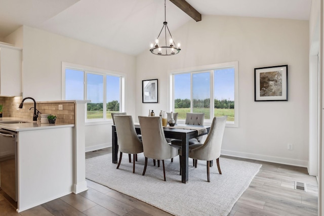 dining room featuring sink, lofted ceiling with beams, a wealth of natural light, light hardwood / wood-style floors, and a chandelier