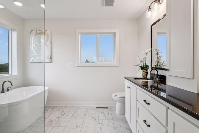 bathroom featuring vanity, toilet, a tub, and plenty of natural light